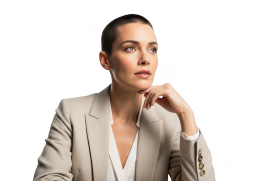 Pensive woman in suit with short hair looking upward portrait stock photo, professional headshot, business isolated on transparent background - Powered by Adobe
