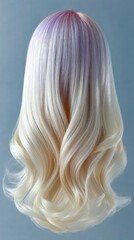 A close-up studio shot of long, wavy blonde hair with subtle purple highlights at the roots, against a plain blue background. The lighting is soft and highlight