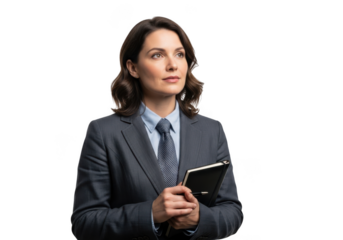 Confident businesswoman in suit holding notebook looking upward stock photo portrait, professional female isolated on transparent background