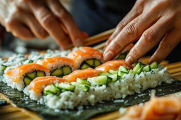 Delicious Fresh Sushi Rolls with Salmon Avocado Caviar and Rice Traditional Japanese Cuisine Cooking Generative AI