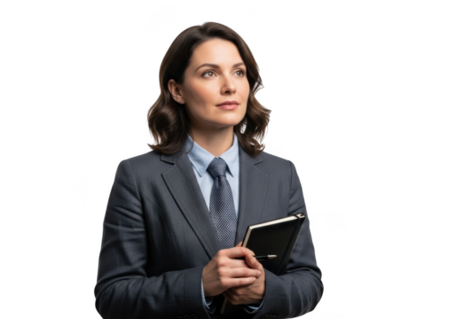 Confident businesswoman in suit holding notebook looking upward stock photo portrait, professional female isolated on transparent background - Powered by Adobe