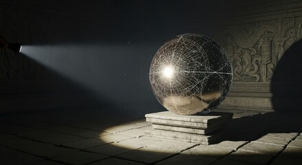 A mysterious sphere on a pedestal, illuminated by a spotlight in ancient place