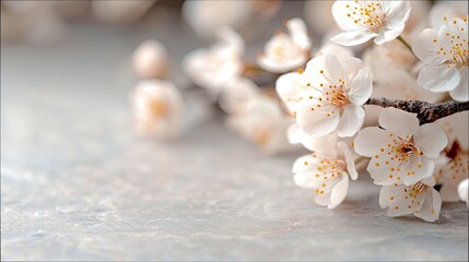 Delicate white cherry blossoms with yellow stamens are arranged on a dark branch, resting on a textured gray surface. The lighting is soft and diffused, creatin