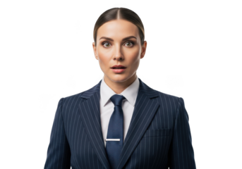 Surprised businesswoman in pinstripe suit, shocked expression, professional portrait, female executive, isolated on transparent background