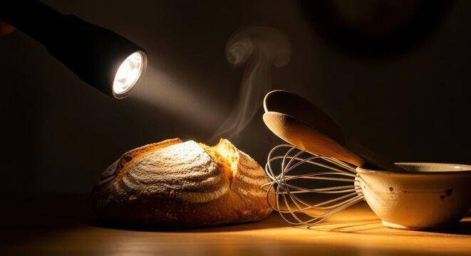 Artisanal sourdough bread under flashlight beam with baking utensils nearby on table