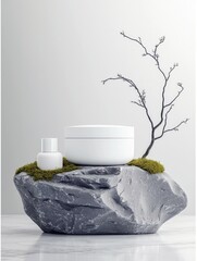 Minimalist composition featuring white cosmetic containers placed on a textured grey rock with green moss, accented by a delicate bare tree branch against a sof