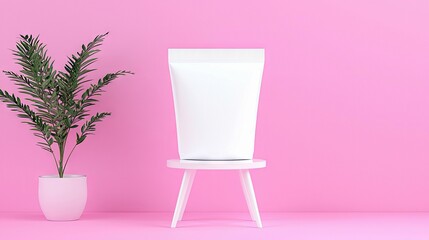 A clean, white cosmetic tube stands on a small white stool next to a green potted plant. The background is a solid, vibrant pink, illuminated by soft studio lig
