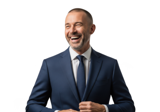 Stock photo of happy businessman in suit laughing portrait headshot full shot png image cutout  isolated on transparent background - Powered by Adobe