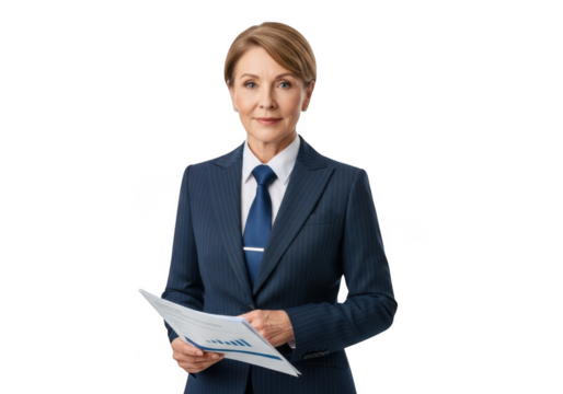 Professional senior businesswoman holding financial report presentation ready stock photo portrait isolated on transparent background