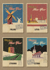 Happy New Year Greeting Cards, European Countries Main Attractions Postcards Retro Style Illustrations. Finland Windmills, Latvia Riga Castle, Lithuania Gediminas Tower, Estonia Olaf Church