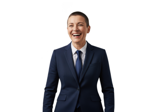 Smiling businesswoman portrait in navy blue suit isolated cutout png image for professional use, stock photography, and design projects isolated on transparent background