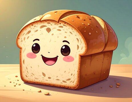 Animated loaf of bread with a smiling face on a wooden surface