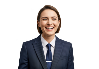 Smiling businesswoman in suit portrait png image for professional use, happy and confident expression, isolated on transparent background