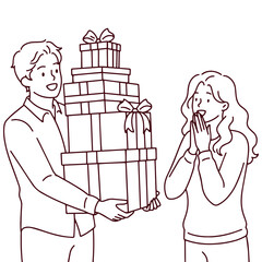 Black and white line art of a boyfriend surprising his girlfriend with many presents. Outline illustration for coloring pages depicting holiday celebration and giving gifts.