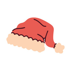 Single red Christmas cap with a fluffy pompon and brim. Festive headwear for Santa costume suitable for holiday graphic design and winter decoration.