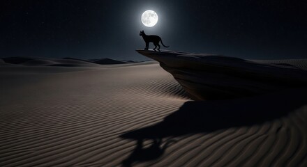 Mystical feline silhouette under lunar glow in serene desert landscape at night