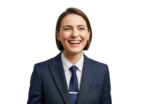 Smiling businesswoman in suit portrait png image for professional use, happy and confident expression, isolated on transparent background
