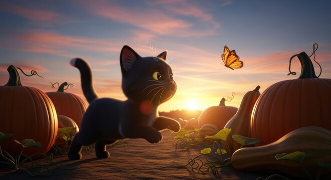 A playful black cat chases a butterfly in a vibrant pumpkin patch at sunset creating an enchanting