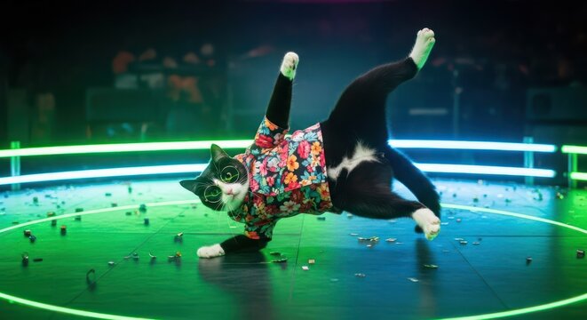A tuxedo cat in a floral shirt executes a dynamic dance move on a vibrant stage