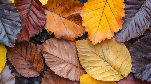 Colorful autumn leaves of various shapes and shades