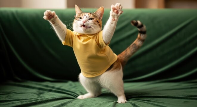 Enthusiastic feline friend celebrating with joyful exuberance on soft green velvet