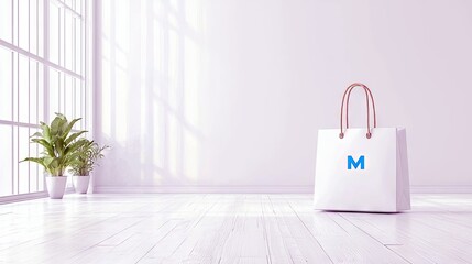 A clean, white shopping bag with a blue 'M' logo and brown handles sits on a light wooden floor in a bright, minimalist room. Sunlight streams through a large w