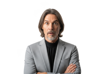Shocked businessman portrait with arms crossed, gray suit, and beard, expressing surprise and doubtful isolated on transparent background
