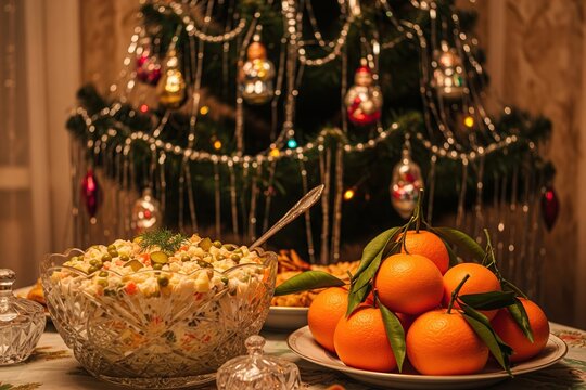 A vintage Soviet New Year's table spread featuring Olivier salad and bright tangerines, with a festive decorated Christmas tree in the background