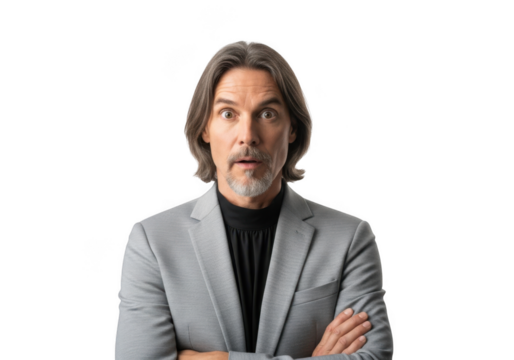 Shocked businessman portrait with arms crossed, gray suit, and beard, expressing surprise and doubtful isolated on transparent background