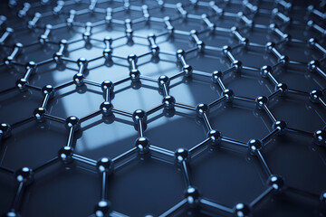 Close-up macro shot of a metallic blue hexagonal molecular structure, featuring silver nodes and rods with a glossy finish. Cool, technological aesthetic with a blurred background.