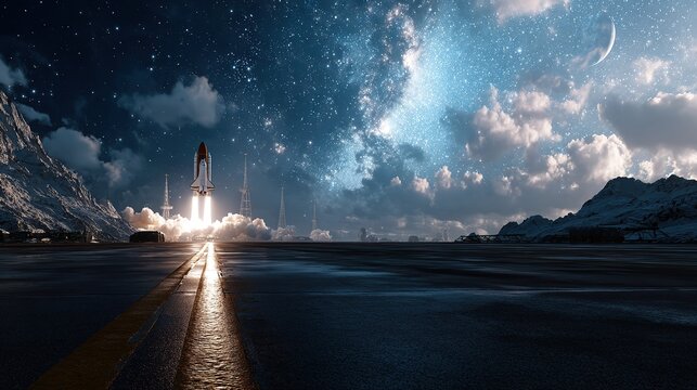 Space shuttle liftoff at night from  launchpad surrounded by snowy mountains beneath  vivid starry sky with  crescent moon