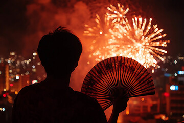 Traditional Kimono Admiring New Year Christmas Fireworks Festival Celebration with Lanterns at Night Generative AI