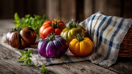 Heirloom tomatoes displaying vibrant colors including purple yellow green and dark brown resting on rustic wood with greens and checkered cloth