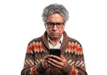 Worried senior man with glasses using smartphone, frustrated elderly person texting on mobile phone, isolated on transparent background