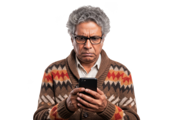Worried senior man with glasses using smartphone, frustrated elderly person texting on mobile phone, isolated on transparent background