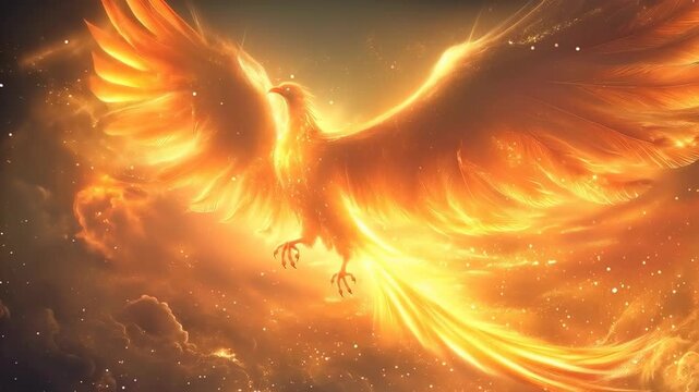 Mythical phoenix bird made of fire flying with glowing wings spread through a starry night sky