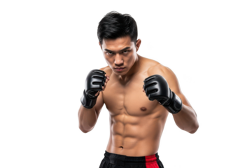 Aggressive asian male boxer ready to fight, fighter with boxing gloves, martial arts athlete, png image isolated on transparent background