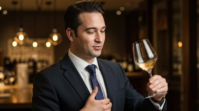 Man in suit inspecting a wine glass with bar in background