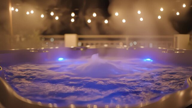Steamy Hot Tub Bubbling at Night With Glowing String Lights