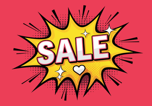 Pop art comic style sale banner with explosion bubble on a red background. Vector illustration for discount promotion and advertising