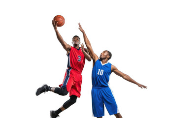 Basketball players action shot, athlete in red jersey shooting, defender in blue, sports competition, dynamic movement, isolated on transparent background