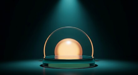 Glowing sphere on a podium with a glass dome and spotlight in dark room