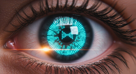 A hyper-realistic cyborg eye glimmers with a mesmerizing blue-green glow, capturing a captivating fusion of humanity and technological advancement.