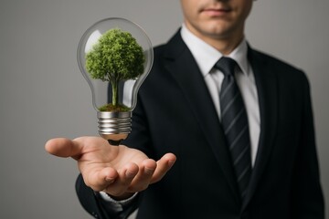 Businessman holding light bulb with tree inside symbolizing eco friendly green energy and environment protection concept on grey background. Ai generative