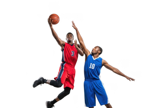 Basketball players action shot, athlete in red jersey shooting, defender in blue, sports competition, dynamic movement, isolated on transparent background
