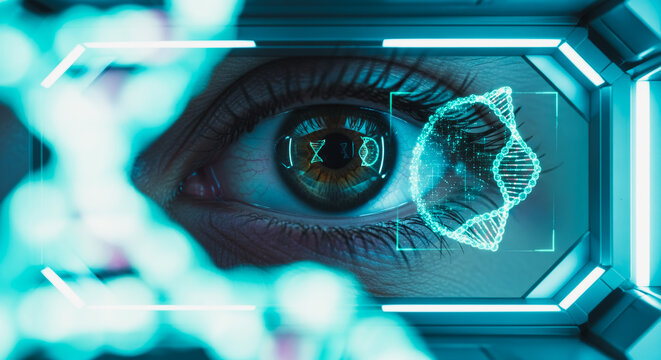 Close-up of a high-tech eye, revealing the future of technology and human augmentation. Futuristic eye scan, biometric authentication, digital future.