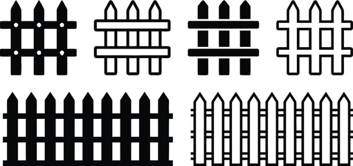fence, picket, barrier, boundary, garden, security, protection, enclosure, wood, panel, vector, icon, symbol, graphic, design, illustration, isolated, white background, black, white, outline, solid, p