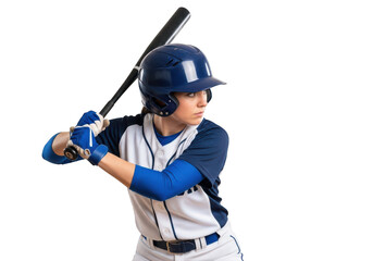 Female baseball player with bat ready to swing, wearing helmet and gloves stock photo, isolated on transparent background