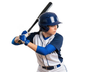 Female baseball player with bat ready to swing, wearing helmet and gloves stock photo, isolated on transparent background