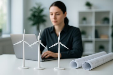 Woman working on eco-friendly wind energy project with turbine models and blueprints on desk in office environment. Ai generative. Ai generative